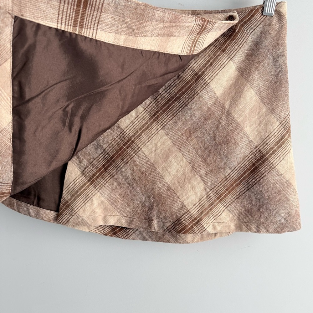 UNIF WITZ SKIRT L Mini Wrap Linen Blend Brown Cream Plaid Academia Schoolgirl - Picture 8 of 14